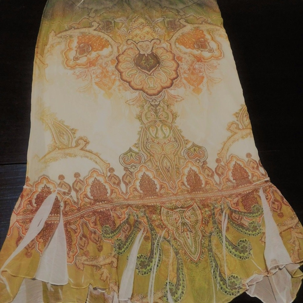 Cal Style Gold Green Asymmetrical Long Maxi Skirt